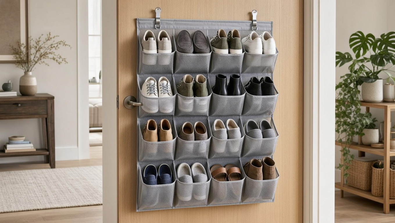 Amazon Basics 24 Medium Mesh Pocket Over-the-Door Hanging Shoe Organizer, Space... review image
